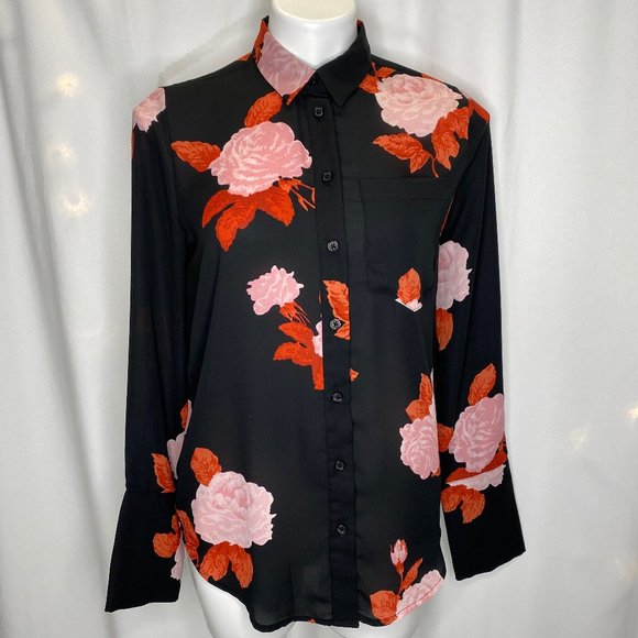 Who What Wear Tops - Who What Wear Floral Rose Button Down Blouse Top
